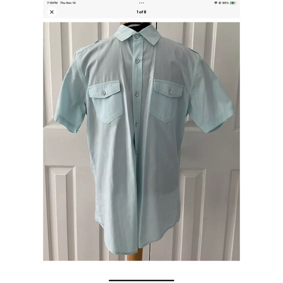 PD&C Classic Fit Mens M Button Down Short Sleeve Light Blue 100% Cotton Shirt - Picture 1 of 8